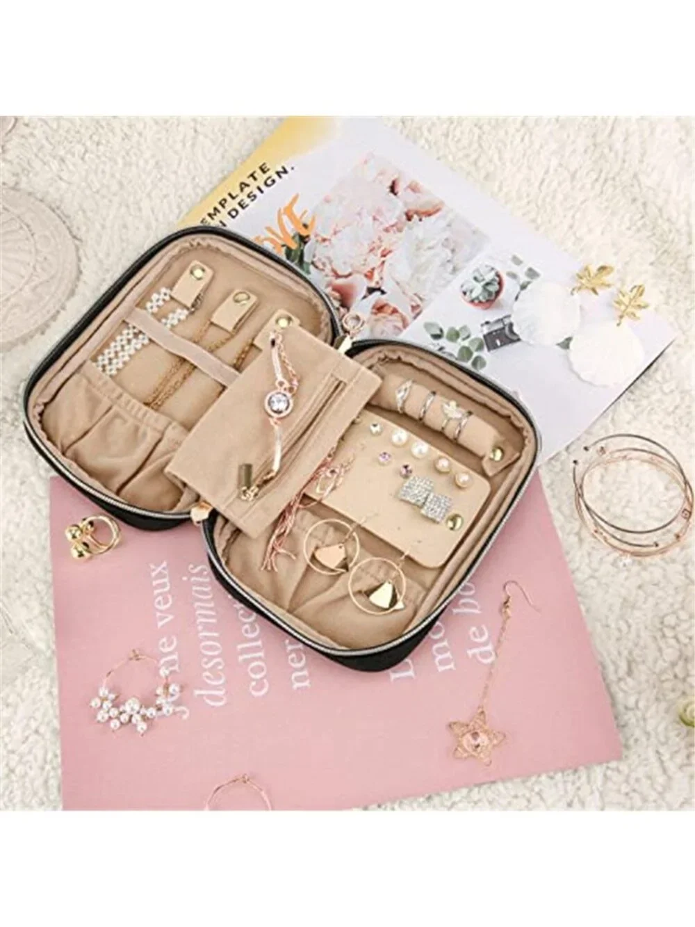 Womens Travel Jewelry Organizer Case Small Roll Bag Rings Earrings Necklace Set
